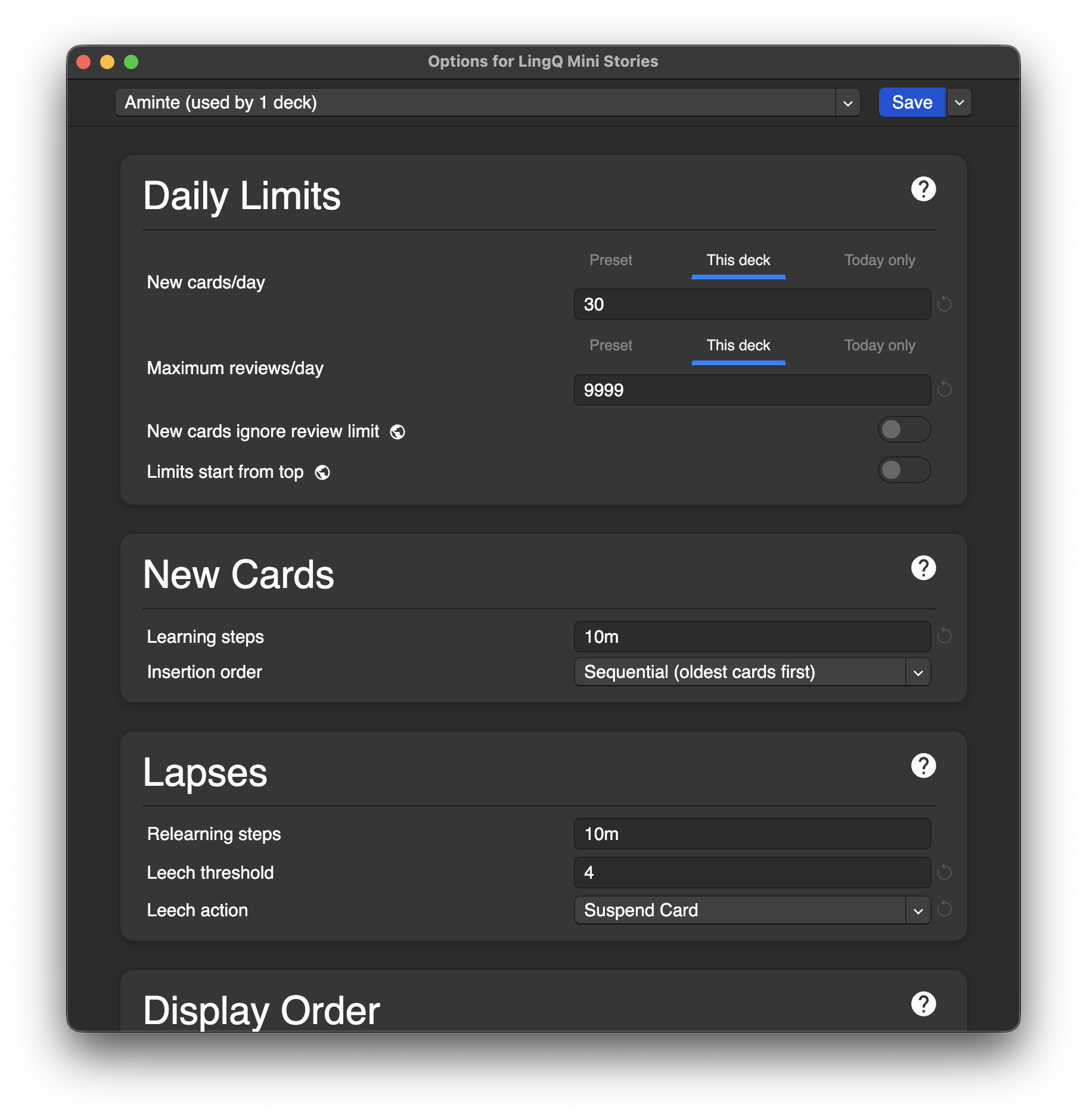 Anki deck options, part 1: 30 new cards per day, 9,999 maximum reviews per day, 10-minute learning and relearning steps, leech threshold of 4, leech action set to Suspend Card