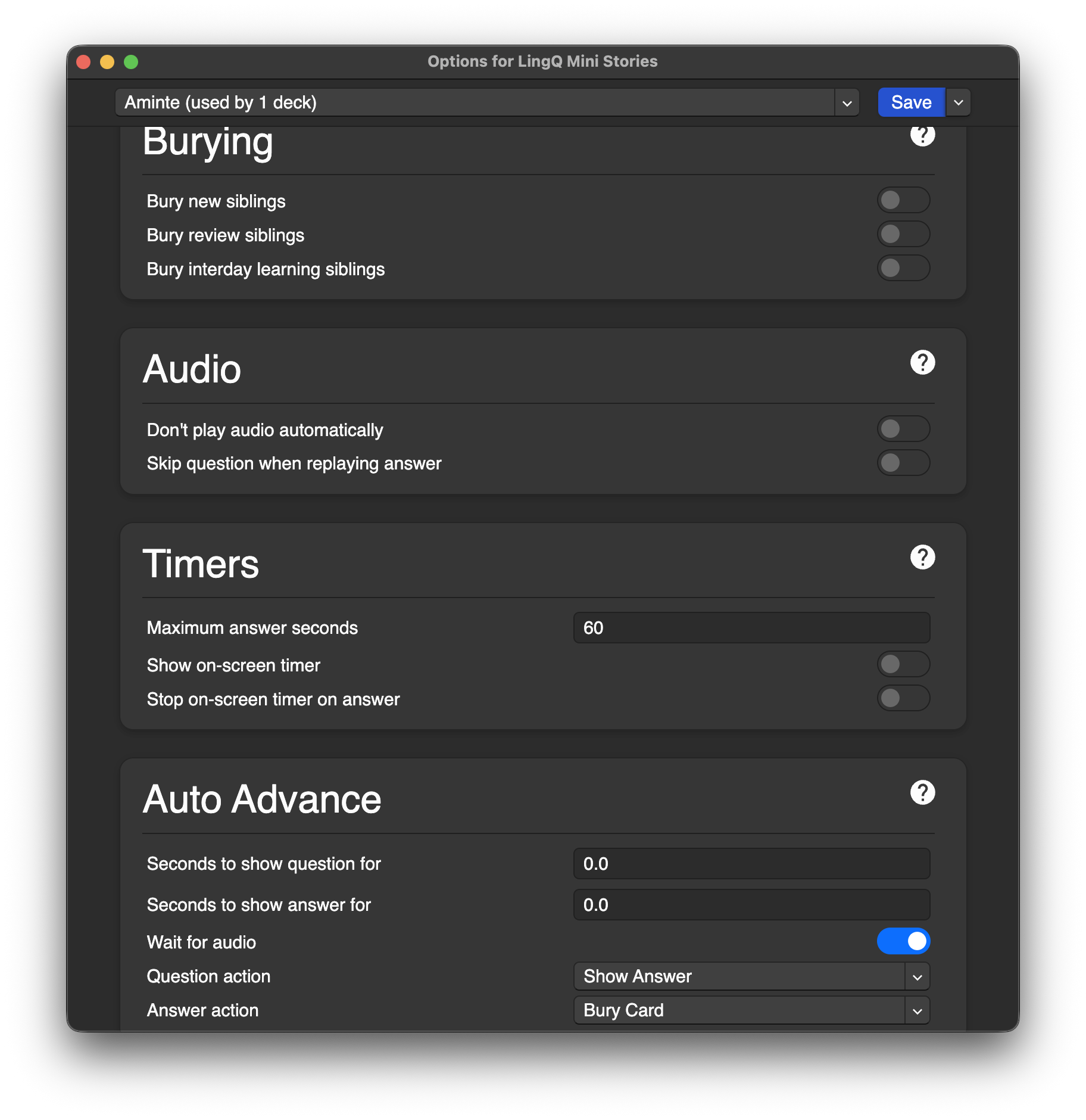 Anki deck options, part 3: burying, audio, timer, and auto-advance settings
