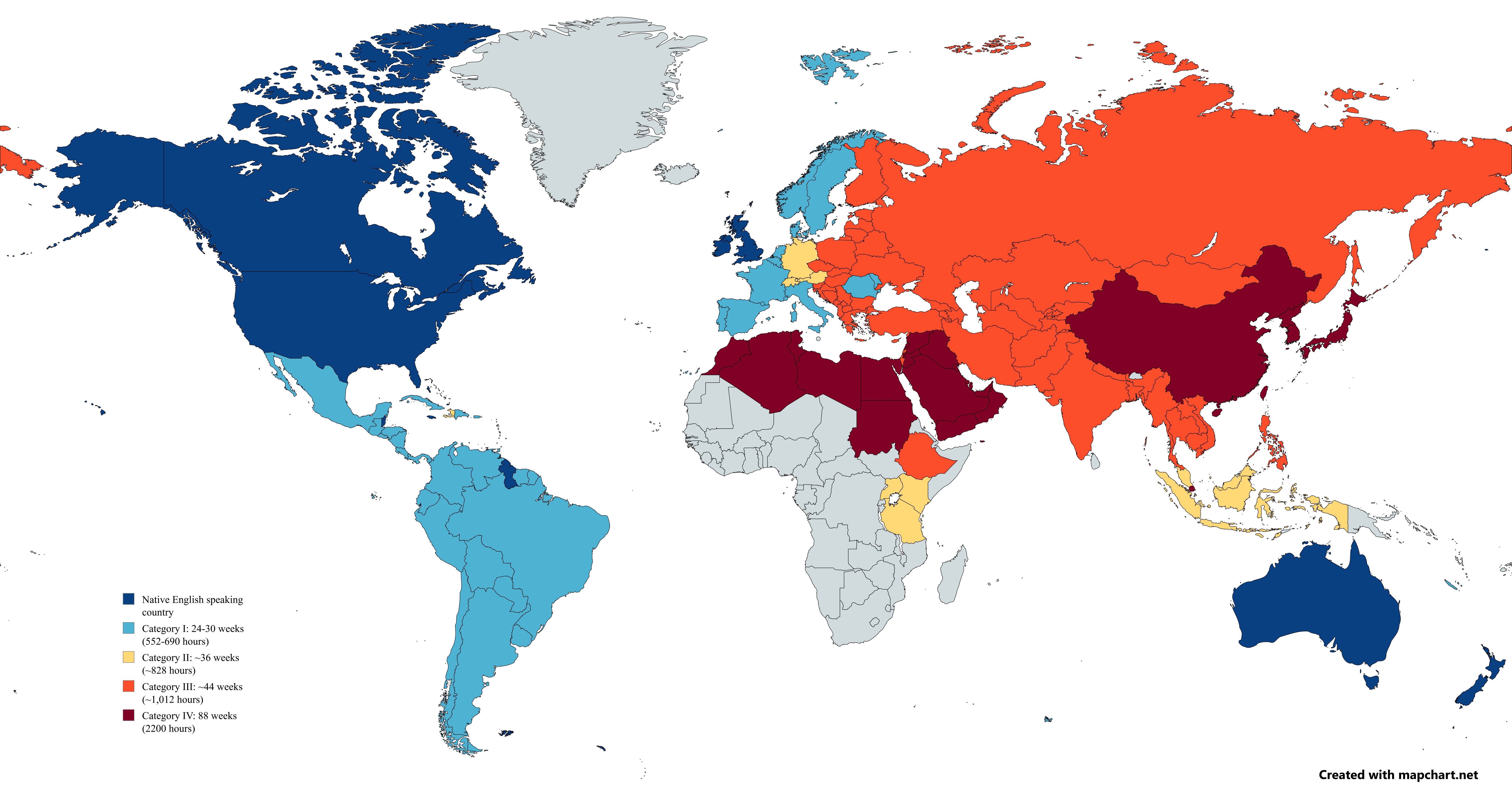 Map of FSI language difficulty categories for English speakers: Category I (most Western European languages) 552–690 hours, Category II (e.g. German, Indonesian) ~828 hours, Category III (e.g. Russian, Hindi) ~1,012 hours, Category IV (Arabic, Chinese, Japanese, Korean) ~2,200 hours